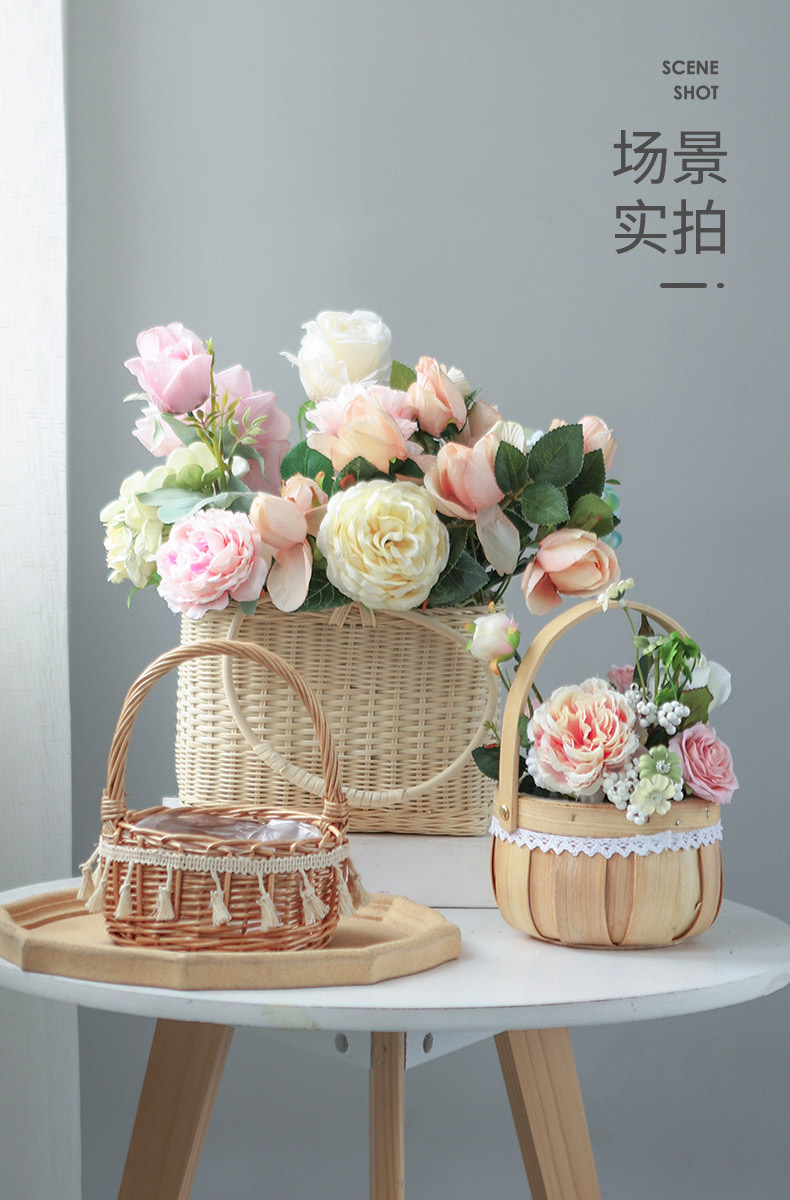 开业花篮清新花束装饰手工藤编竹编花篮插花花童婚礼手提篮花艺用竹编