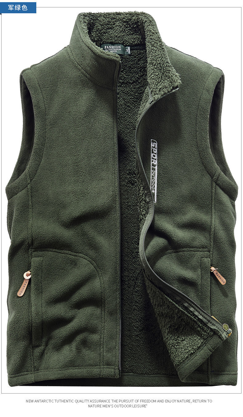 休闲加绒加厚抓绒马甲坎肩男士摇粒绒马夹背心外套男爸爸装衣服绿色m