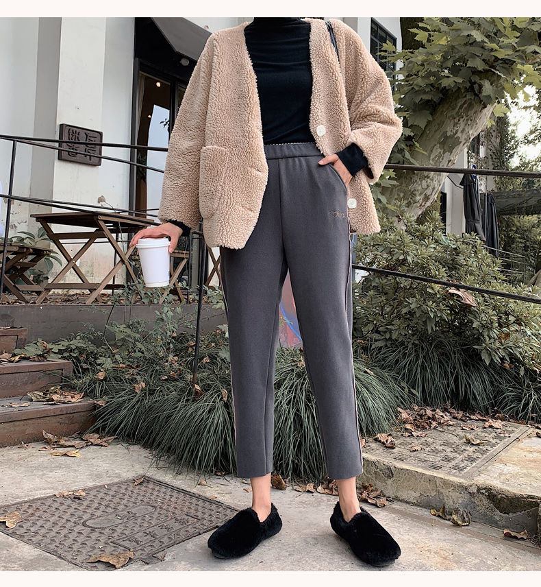 毛呢裤女加绒萝卜裤韩版宽松加厚冬款保暖哈伦裤网红日本樱花裤黑色