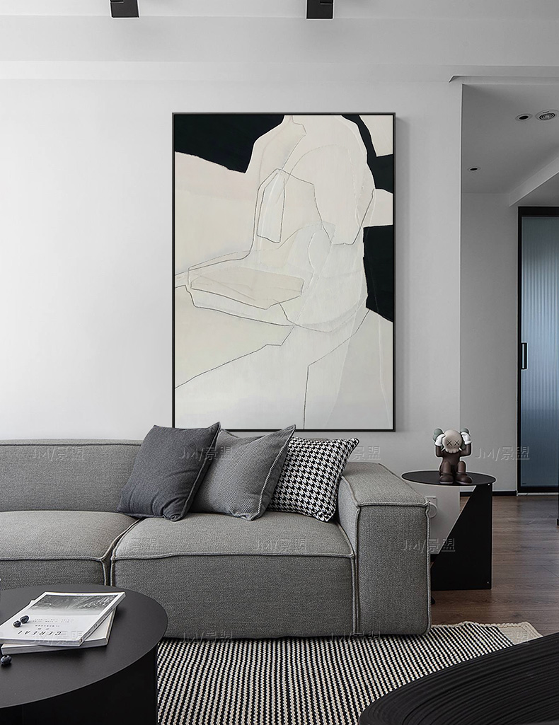 黑白灰抽象艺术客厅装饰画现代餐厅背景墙挂画玄关壁画留白j5070cm