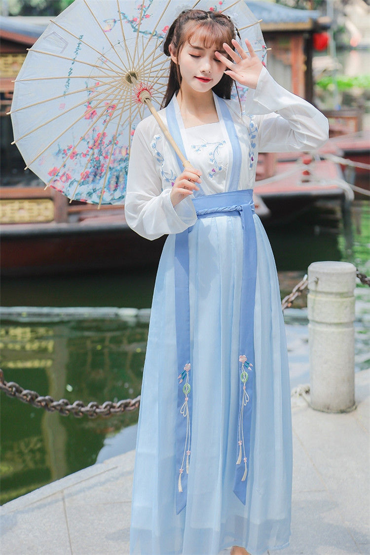 古装女汉服齐腰改良版淡雅中学生春夏秋装刺绣日常雪纺套装陶亦妗天蓝