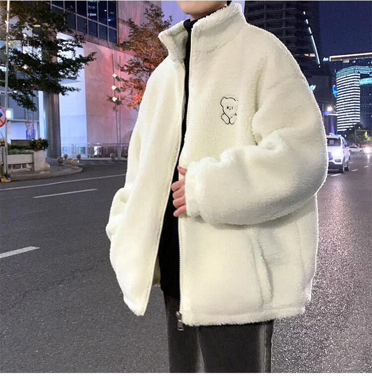 外套男装秋冬季加绒棉袄羊羔毛棉服男士冬装加厚保暖上衣服尼乐奇白色