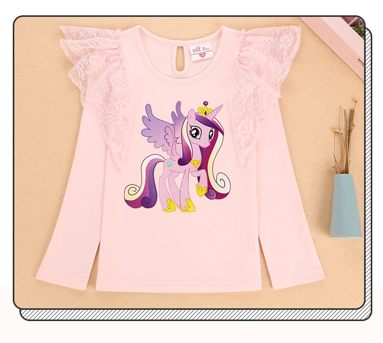 小马宝莉衣服长袖t恤女童薄款棉蕾丝公主上衣秋季打底衫白色紫悦小马