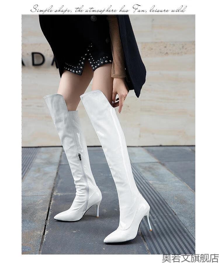 特大号高跟长靴女过膝细跟尖头性感情趣长筒靴超sm漆皮修身高筒靴超