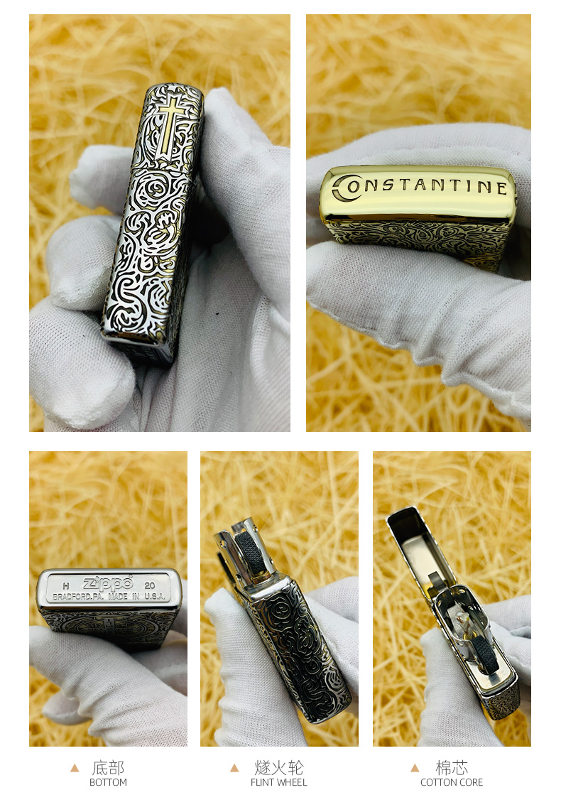 zippo打火机官方正版恶灵挽歌地狱神探复刻收藏雕刻男士盔甲金色