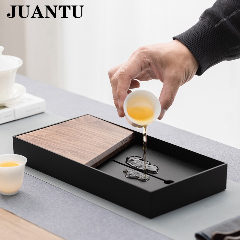juantu茶具家用简约便携茶具套装胡桃木茶盘储水式小号铝合金干泡盘稆
