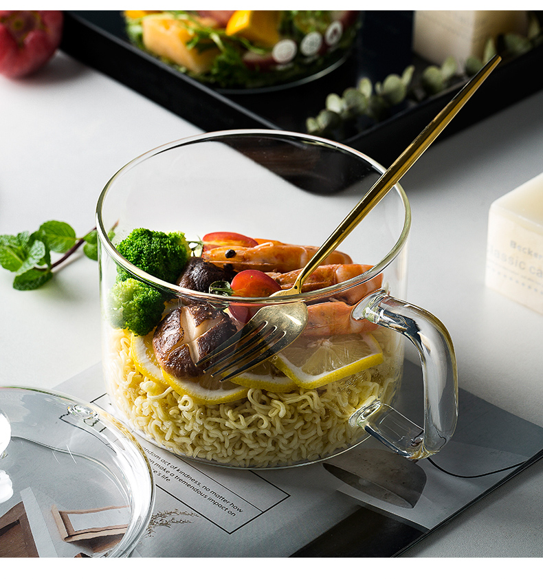 把手玻璃碗 透明玻璃碗家用耐热泡面碗沙拉碗餐具宿舍学生带盖把手