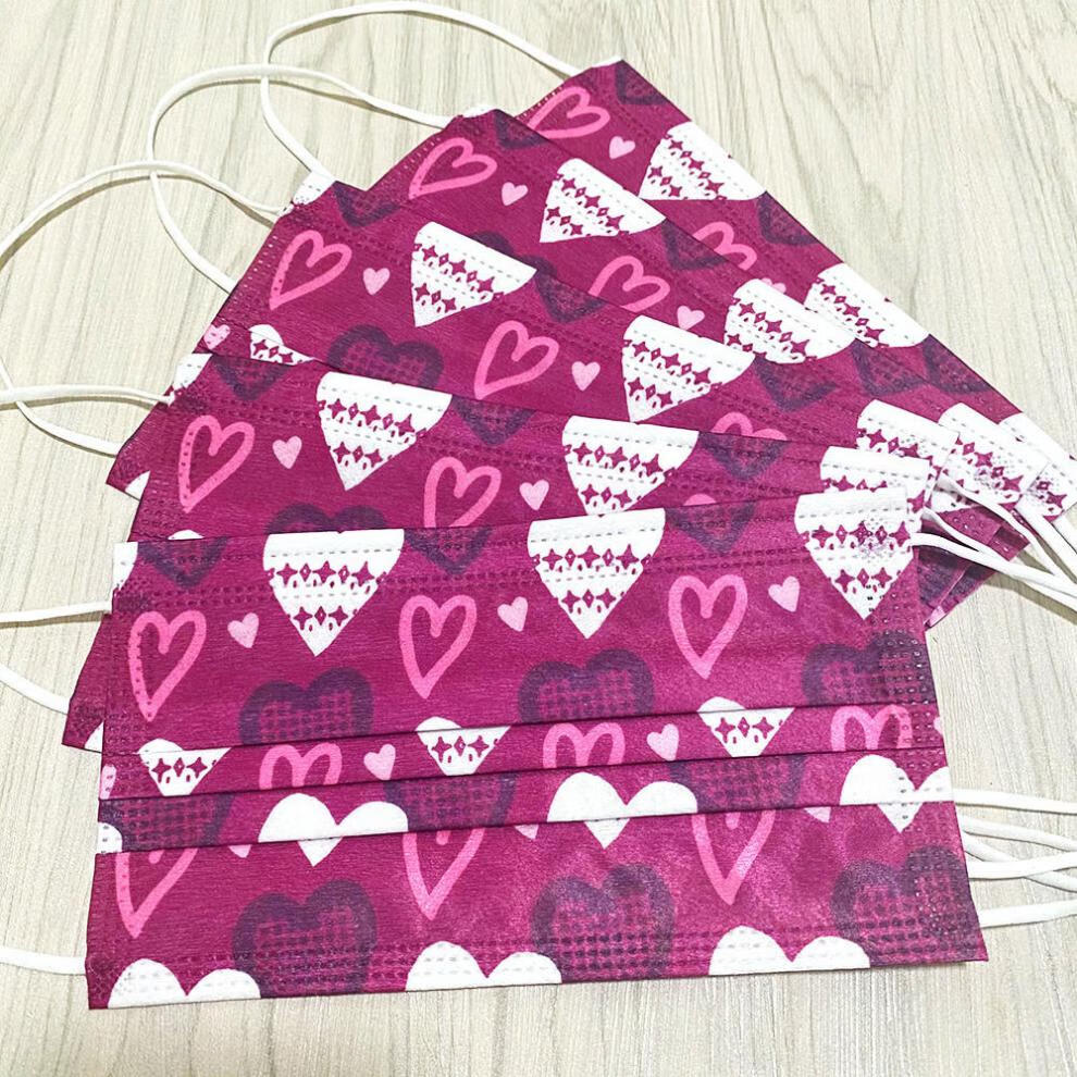 媗墨新品口罩卡通成人成人三层熔喷印花时尚可爱口罩新款爱心口罩紫色