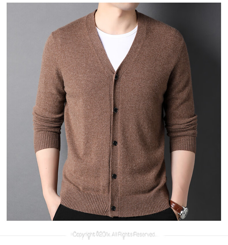 恒源祥羊绒衫纯山羊绒针织开衫男士春秋季v领纯羊绒休闲毛线外套中