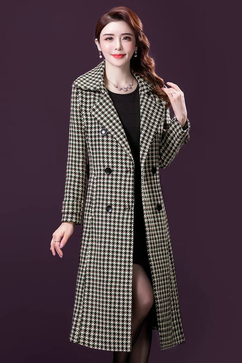 中长款格子过膝羊毛呢大衣秋冬女士呢子外套女式妮子尼子乐卉8150灰色