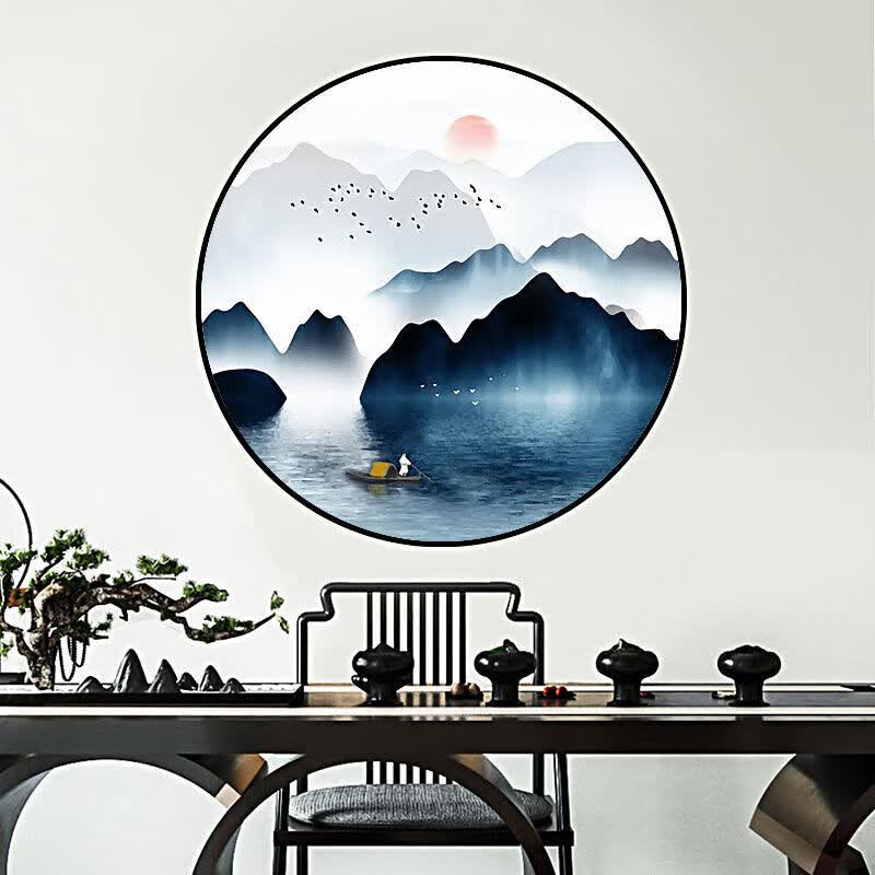新中式圆形装饰画茶室餐厅挂画山水画入户玄关客厅禅意晶瓷画家和