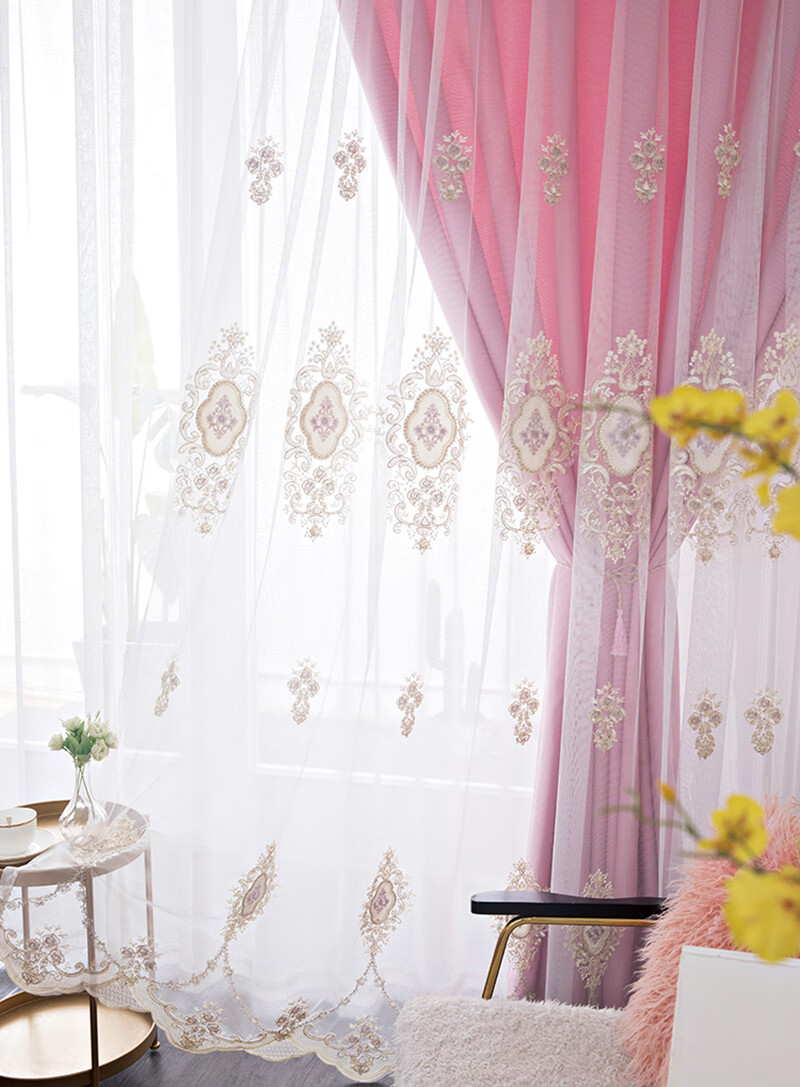 窗帘遮光带纱欧式绣花刺绣窗帘遮光双层客厅卧室落地窗简约现代成品布