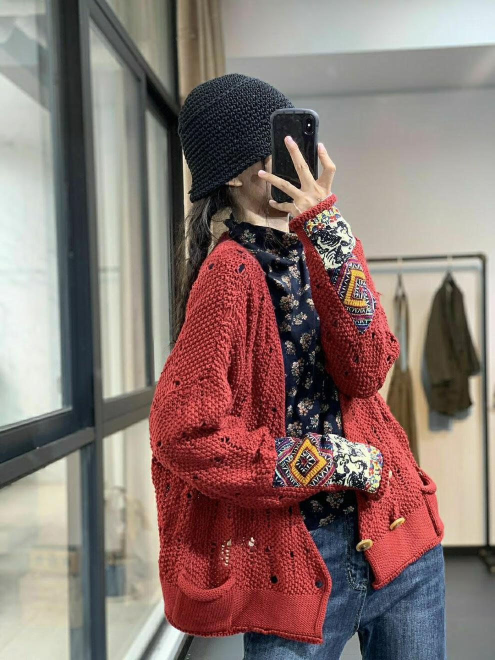 复古民族风印花贴布宽松休闲针织百搭开衫毛衣女灰卡外套l115130斤