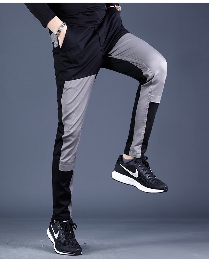 苹果休闲裤男秋冬款2021年新款黑灰色拼接修身小脚时尚百搭休闲裤子男