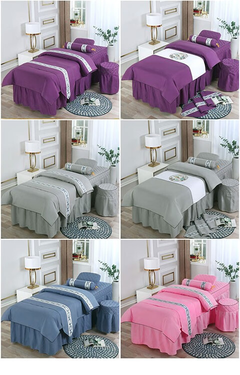 美容床罩美容院四件套简约美容按摩理疗推拿洗头床床罩枕套凳子套被子含被芯 经典草绿色四件套含被芯 70*185