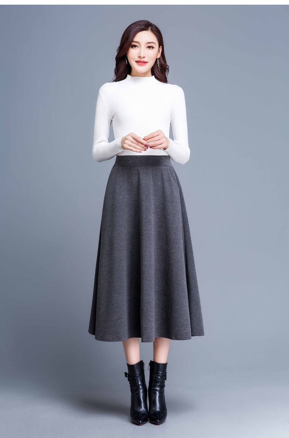 中老年人半身裙冬季裙子中年妇女半截裙毛呢口袋中长裙a字裙大号显瘦