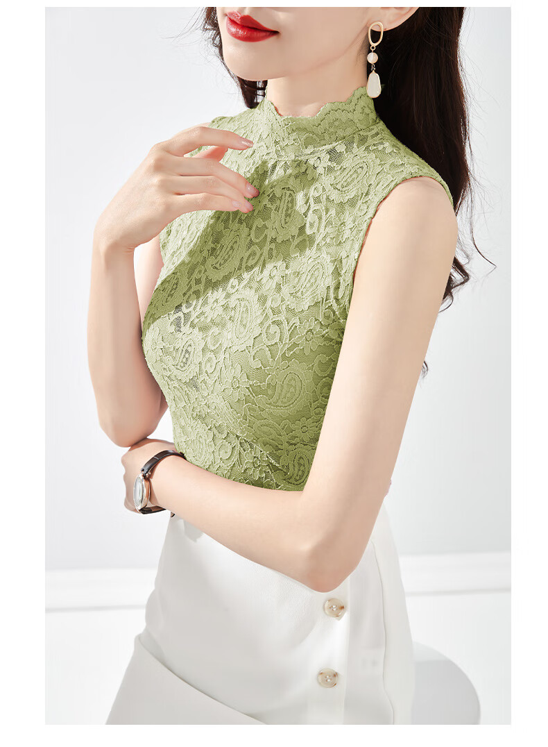 无袖高领蕾丝打底衫女西装内搭外穿紧身显瘦坎肩背心高端网纱上衣牛油