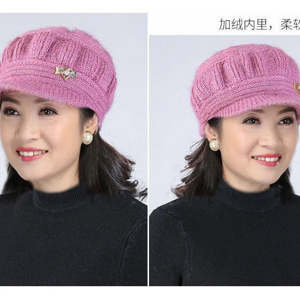 老太太帽子秋冬季中老年女帽纯色保暖护耳毛线帽加厚带沿带钻鸭舌针织