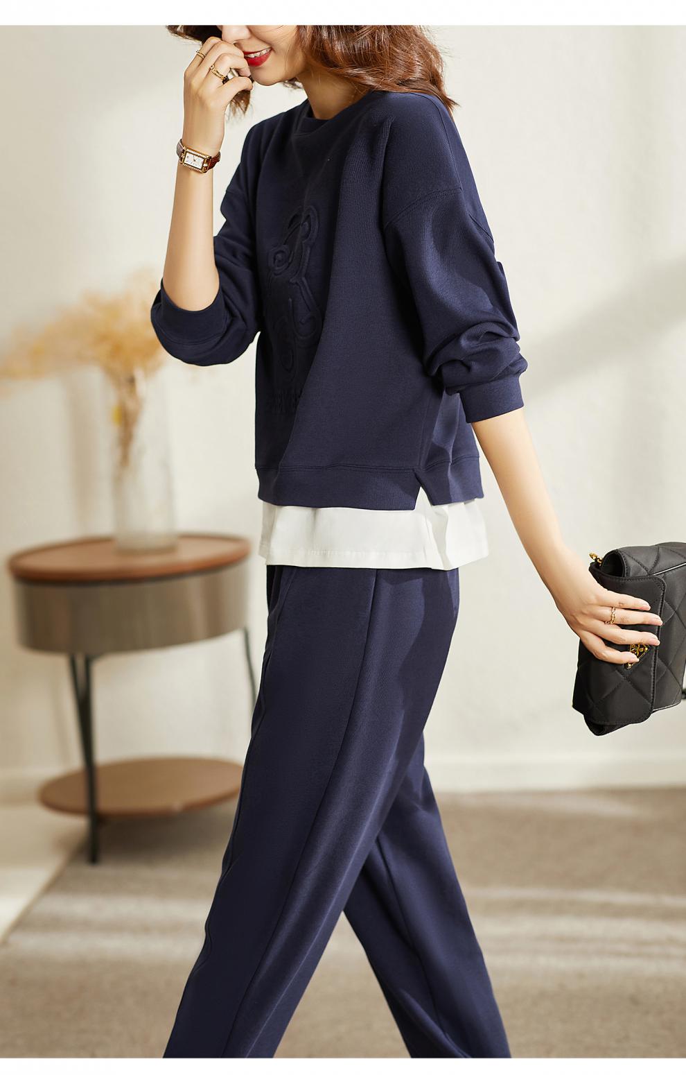 秋装搭配显高卫衣套装小熊压花厚款时尚套装时髦洋气 f8683 藏青色 l