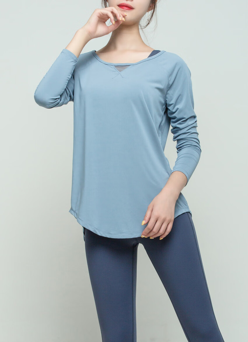 网纱秋季瑜伽服宽松长袖健身服女运动上衣跑步速干透气t恤浅蓝紫s