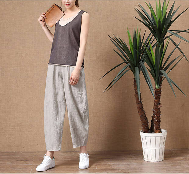 昭琪星亚麻女裤子夏九分宽松薄款棉麻松紧腰阔腿裤复古文艺百搭休闲裤
