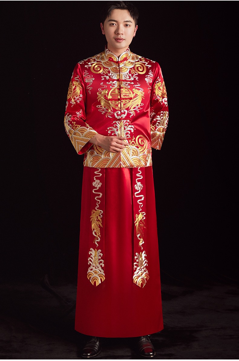 秀禾服男士新郎中式男款2022新款结婚结婚礼服男装唐装马褂 红色丨盘