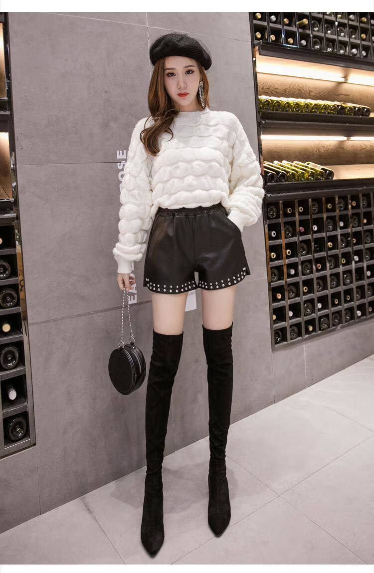 皮短裤女秋高腰韩版学生珠钉宽松阔腿裤短款外穿休闲新款皮裤女冬yx