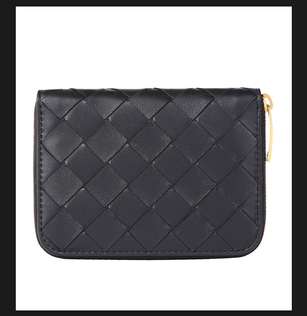 bottegaveneta葆蝶家bv经典皮革编织拉链钱包零钱包黑色