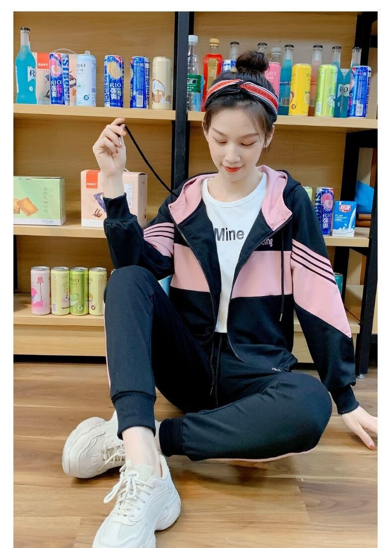 莲絮少女学生运动装套装初中生女孩春秋季外套青少年休闲卫衣三件套潮