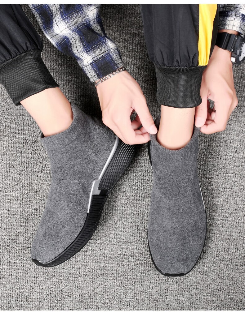 秋冬男士一脚蹬弹力袜子鞋男增高鞋6cm潮鞋高帮保暖运动休闲鞋子棕色