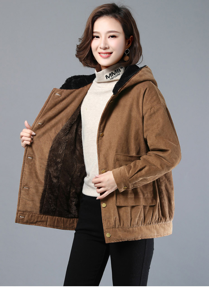 阔柚加绒加厚灯芯绒短款外套2021冬装新款秋冬季女装休闲宽松女士连帽