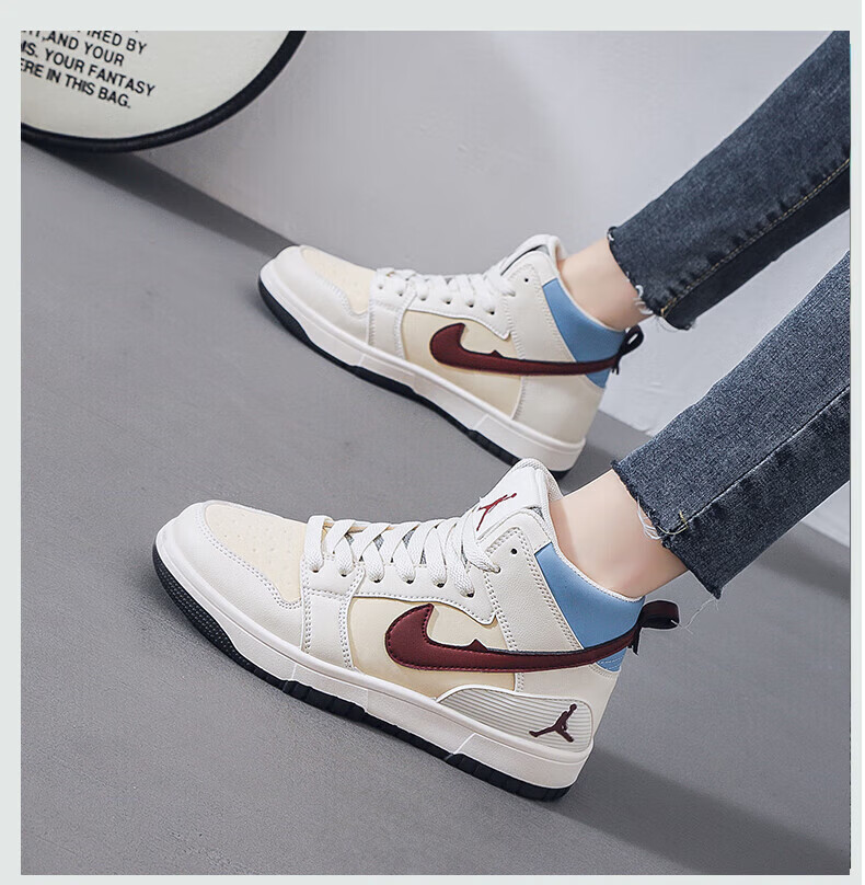 aj·女鞋飞人高·帮秋冬季运动鞋结婚初中学生轻便板鞋女聨名同款 米