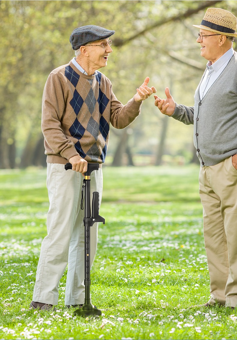 德国老人拐杖四脚伸缩手杖老年人扙铝合金轻便多功能灯防滑拐棍黑色