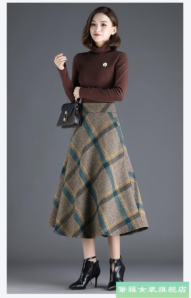 女人半身裙中年人秋天穿的下身半截裙格子半裙子大摆长裙毛呢春款a字