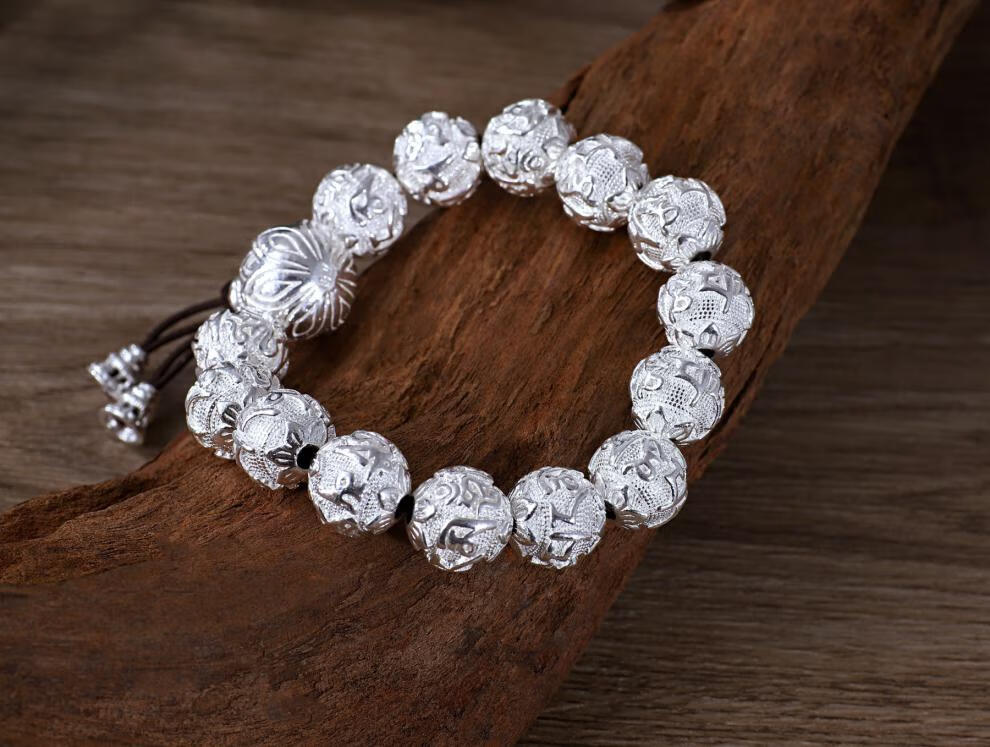 旬谨纪s990银六字真言手链珠子足银箴言手串男女心经藏文佛珠手饰49克