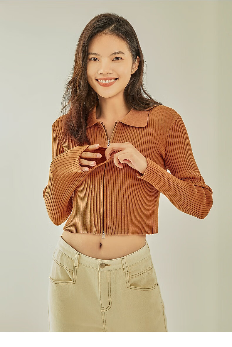 spao女装春秋季款小翻领时尚舒适个性拉链高腰短款毛衣开衫上衣 绿色