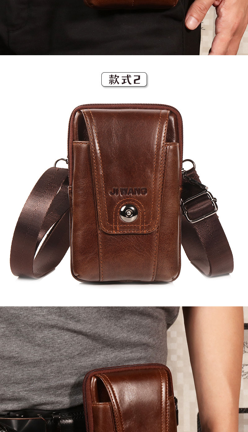 腰包穿皮带迷你手机包竖款多功能斜挎小包头层牛皮6英寸潮黑色款式3