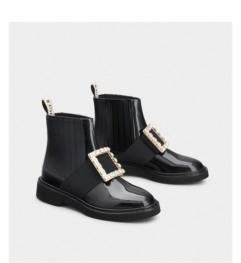 roger vivier/rv女鞋viv rangers钻扣踝靴漆皮切尔西靴圆头英伦短靴