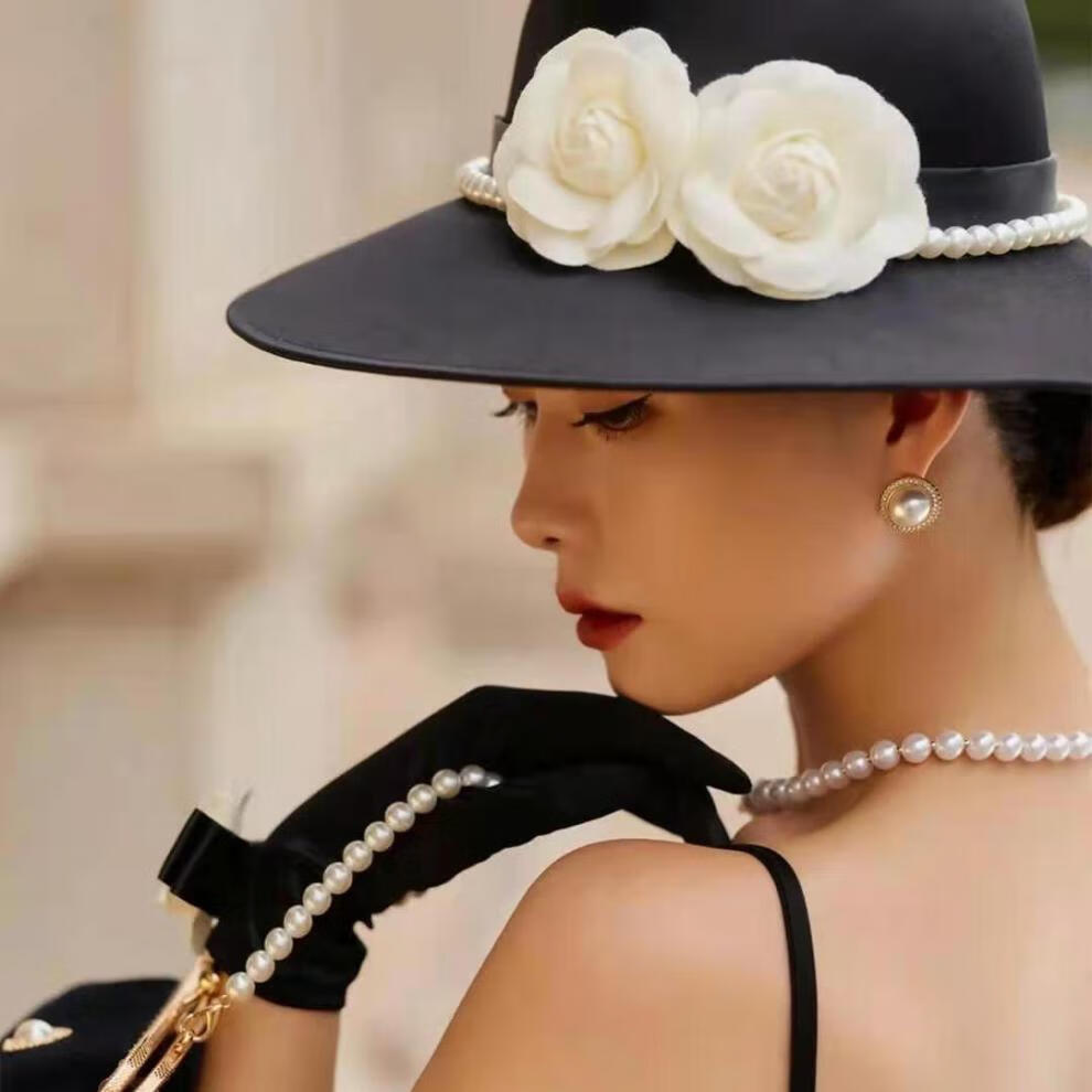 法式赫本风黑色礼帽女夏山茶花缎面英伦优雅复古名媛影楼造型帽子