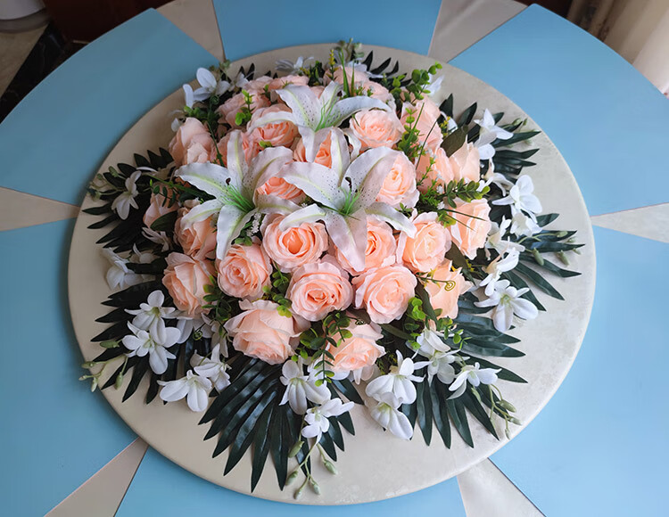 轻奢酒店餐桌花电动转盘中间仿真花装饰花饭店大圆桌台花圆形摆花餐厅