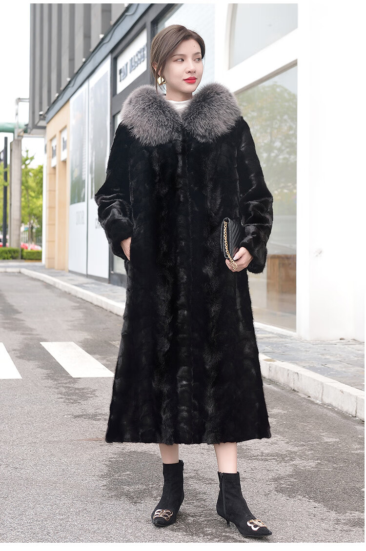 大衣女长款连帽水貂毛拼貂女装外套海宁皮草批发新款裘皮冬银兰色狐狸