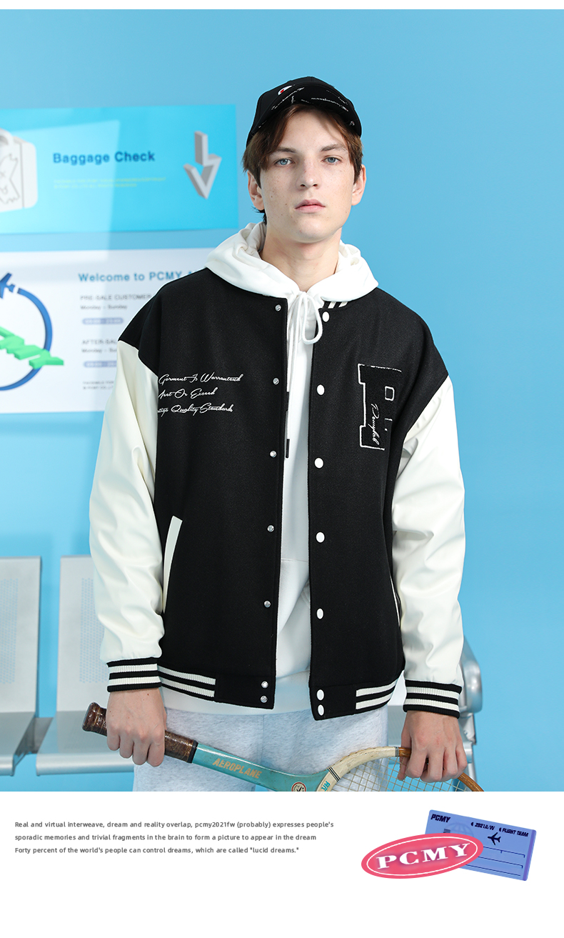 pcmy美式复古字母棒球服外套男刺绣单排扣夹克拼接时尚宽松ins国潮