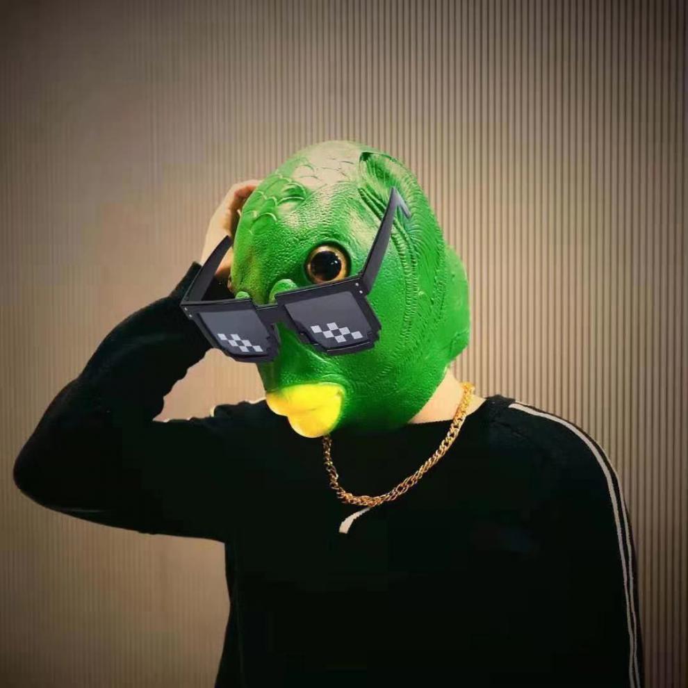 抖音同款绿鱼头套鱼人头套万圣节搞怪绿头怪绿色鱼头套面具全脸网红绿