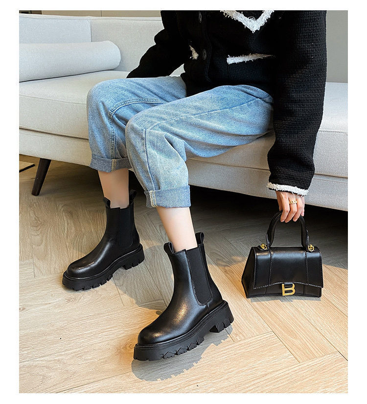 烟管靴短筒马丁靴2021秋冬加绒英伦风ins潮厚底内增高烟筒切尔西短靴