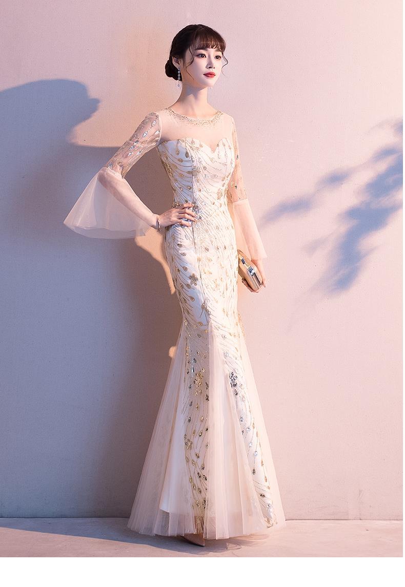 璨玥香槟色晚礼服裙女2019新款宴会气质长袖气场女王年会长款鱼尾亮片