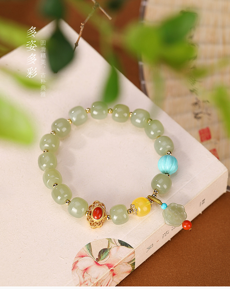墨韵和田玉青玉手链女款复古多宝玉石串珠珠子单圈手串送妈妈长辈和田
