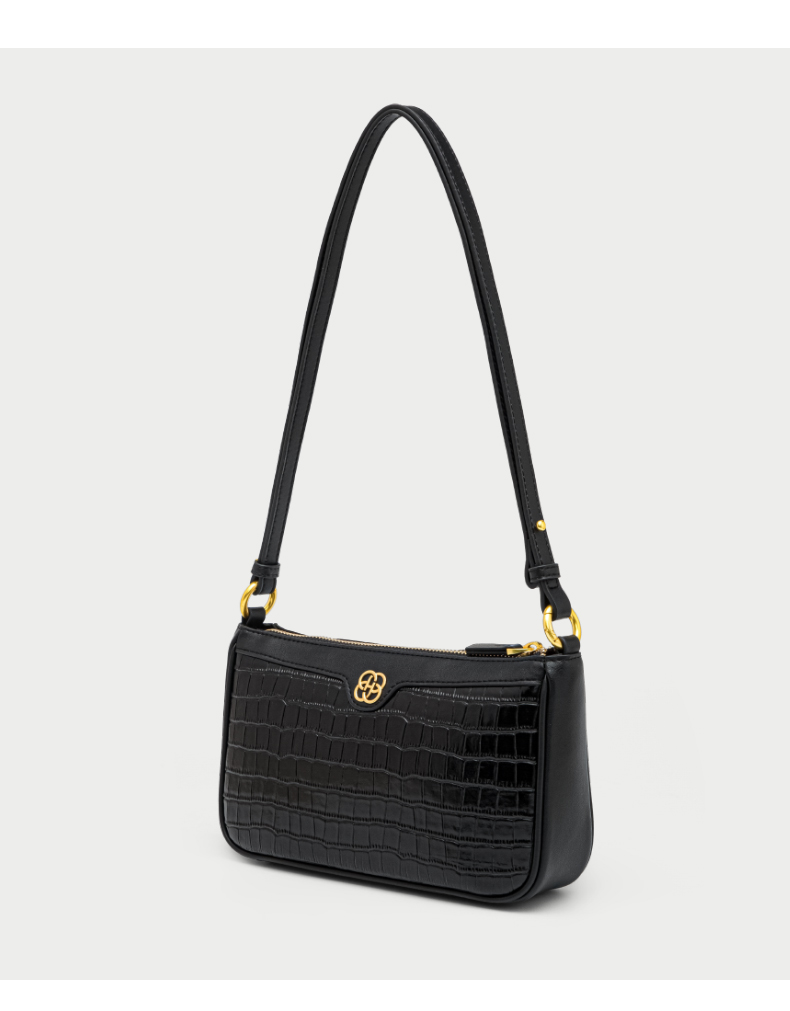 红谷hongu女包新品休息牛皮百搭单肩包气质腋下鳄鱼纹包包漆黑