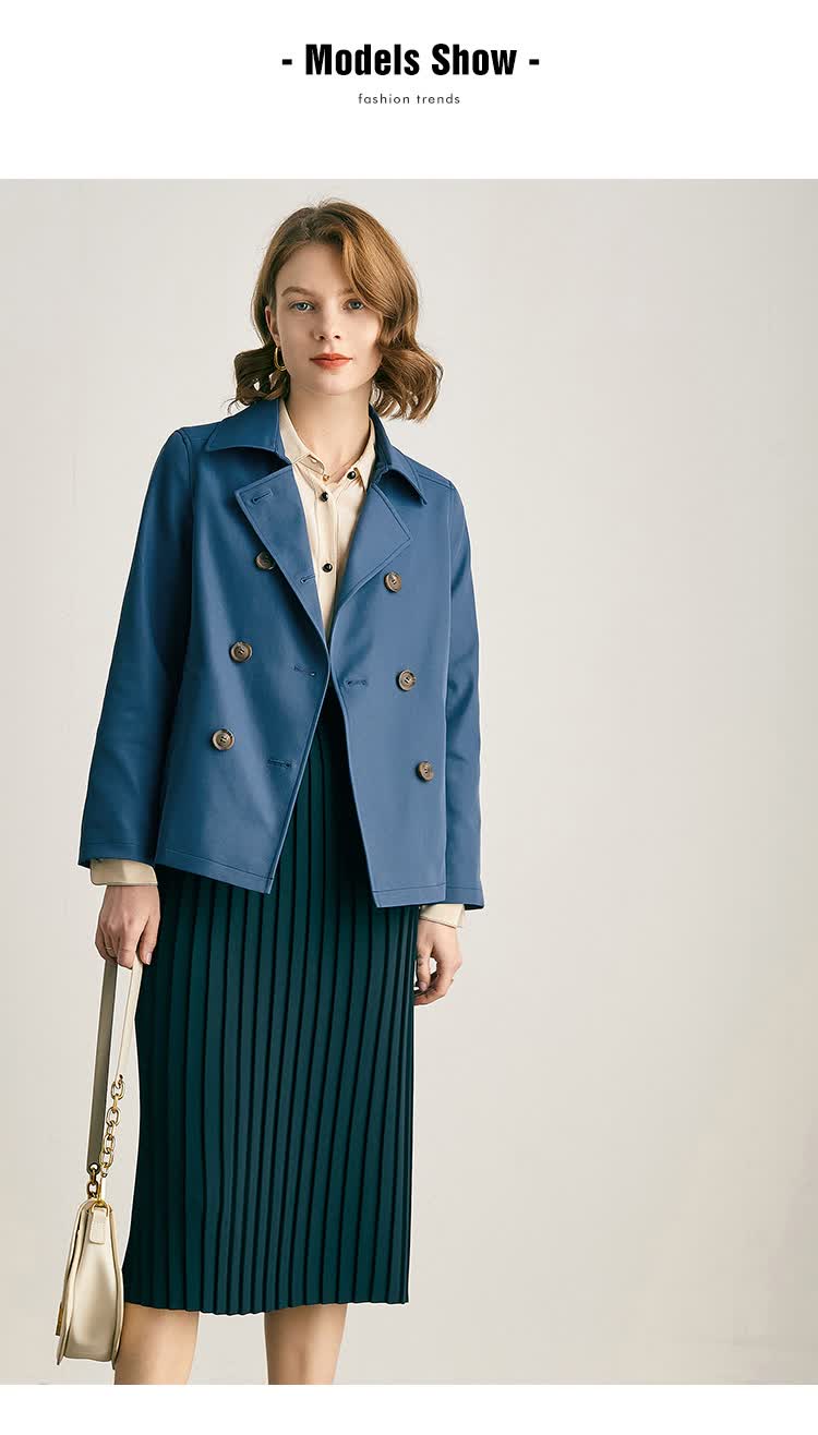 法曼萱深蓝色风衣女短款2022春新款气质时尚设计感简约小个子外套深