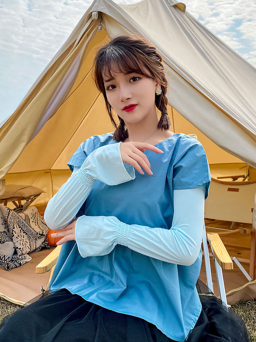 女士高颜值纯色冰丝袖套骑车防晒袖子显瘦开车护臂薄款喇叭口冰袖白色