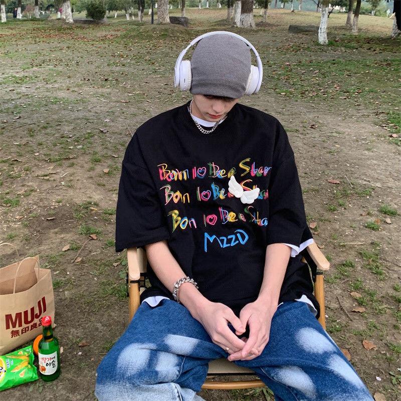 余庆伟同款衣服美式夏季潮流小翅膀守护余庆伟t恤短袖男ins风情侣